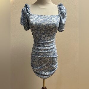 Nasty Gal Blue Floral Print Square Neck Puff Sleeve Ruched Bodycon Mini Dress 2